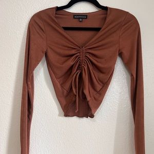 Electrica Brown sheer long sleeve crop top adjustable ruched front with ties